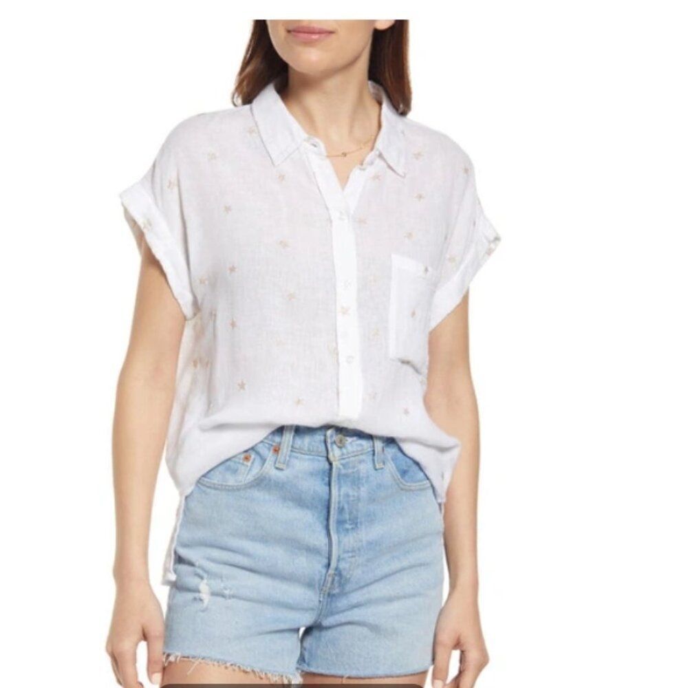 Rails Whitney Rose Gold Stars Short Sleeve Button Down Shirt in Size M